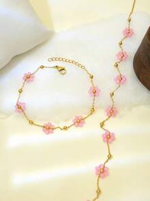 2pcs Stainless Steel Pink Flower Necklace & Bracelet Set, Ideal Gift For Women, Mother's Day, Birthday, Party, Wedding, Vacation, Back To School - Multicolor - View 5