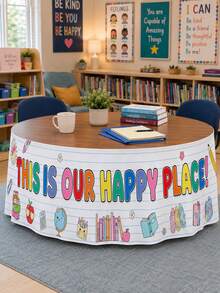 1 pieza - Falda de mesa de aula Happy Place, decoración de mesa colorida de vuelta a la escuela, cubierta elástica de poliéster de spandex para escritorio de profesor, centro de biblioteca y fiesta de bienvenida - Multicolor - Ver 1