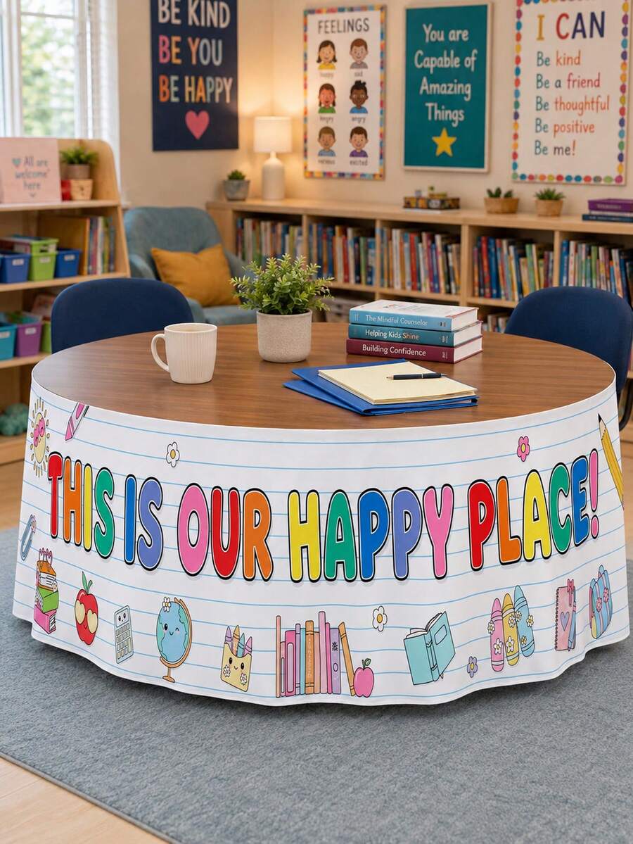 1 pieza - Falda de mesa de aula Happy Place, decoración de mesa colorida de vuelta a la escuela, cubierta elástica de poliéster de spandex para escritorio de profesor, centro de biblioteca y fiesta de bienvenida - Multicolor - Ver 1