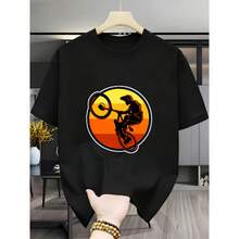Algodón pesado, hombre, motocicleta de salto al atardecer, camiseta - deporte, ocio, viajes - diseño circular con silueta en acción - Negro - Ver 1