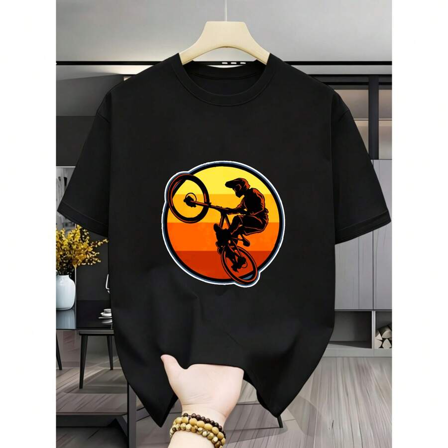 Algodón pesado, hombre, motocicleta de salto al atardecer, camiseta - deporte, ocio, viajes - diseño circular con silueta en acción - Negro - Ver 1
