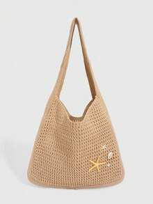 ROMWE Fairycore 1 Pieza Bolso de Hombro Cruzado para Mujer, Estilo Vacaciones en la Playa Tropical, Tejido Hueco Beige, Gran Capacidad, Bolso de Viaje para Vacaciones. - Marrón oscuro - Ver 2