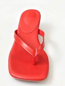 Sandalias tipo chanclas de tacón kitten con punta cuadrada de unicolor minimalista para vacaciones y uso al aire libre - Rojo - Ver 4