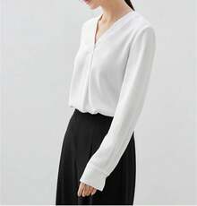 Blusa holgada formal con cuello en V y manga larga para mujer, con pliegues de negocios - azul claro - Ver 5