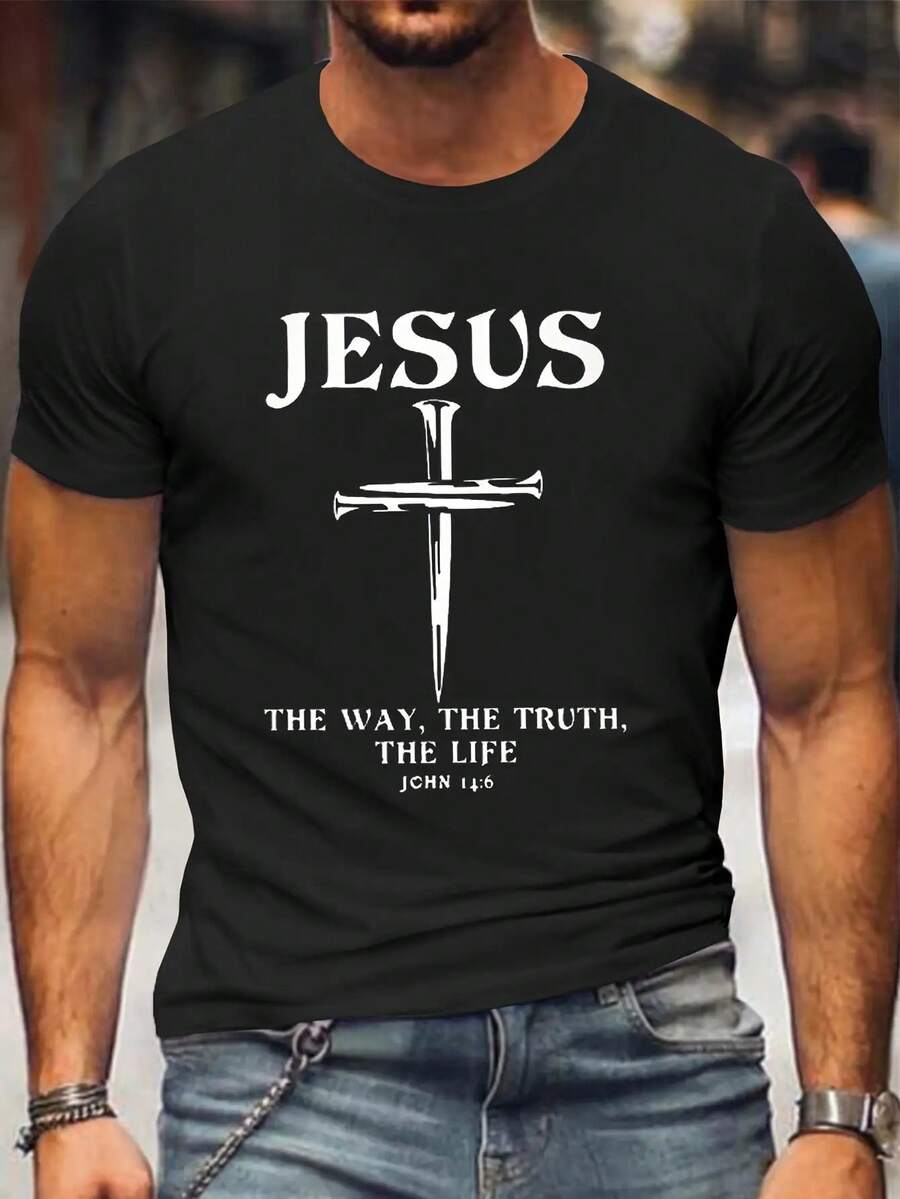 Oversized Men'S Casual Short-Sleeve T-Shirt Featuring A Banner Design - 黑色 - 查看 1