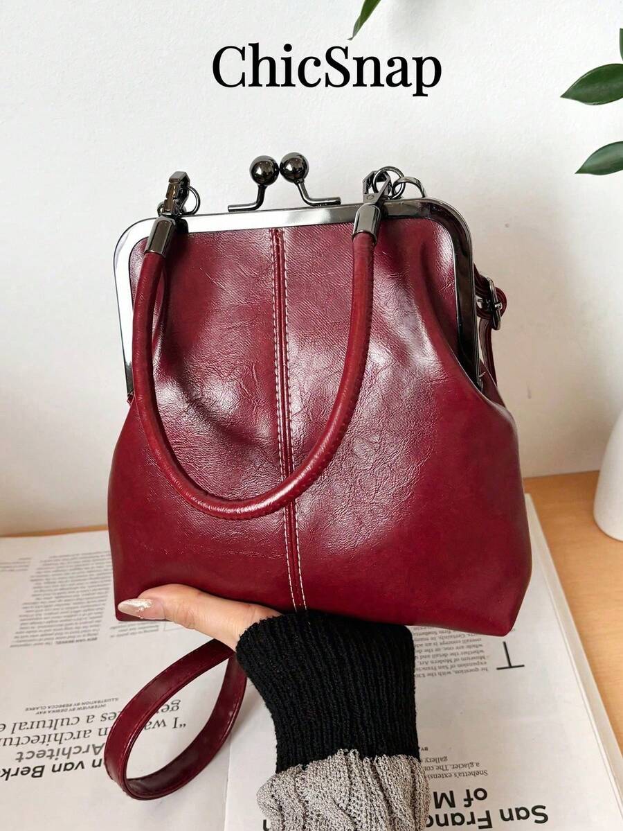 Women's PU Leather Crossbody Bag With Round Polka Dots, Vintage Style Handbag With Buckle Closure And Adjustable Shoulder Strap, Solid Color And Lightweight City Tote Bag - 玫瑰金 - 查看 1