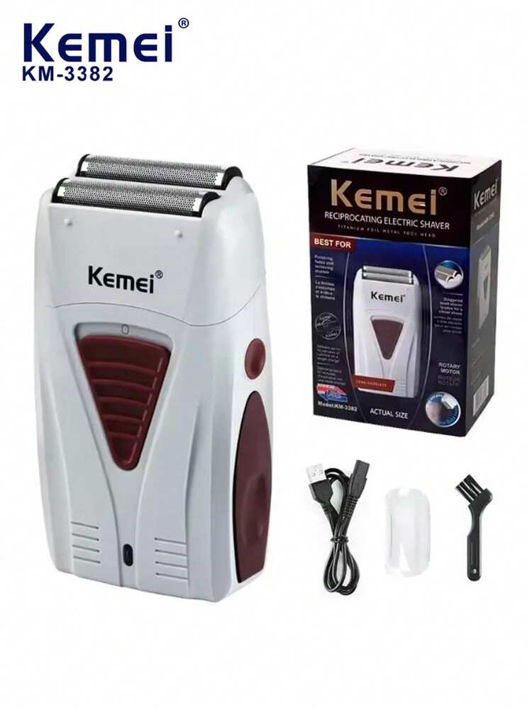 Kemei KM-3382 Hot-Selling Men's Electric Shaver, USB Rechargeable Reciprocating Shaver, Bald Men's Hair/Beard Trimmer, Dual Blade Head Razor 1pc - Light Grey - View 12