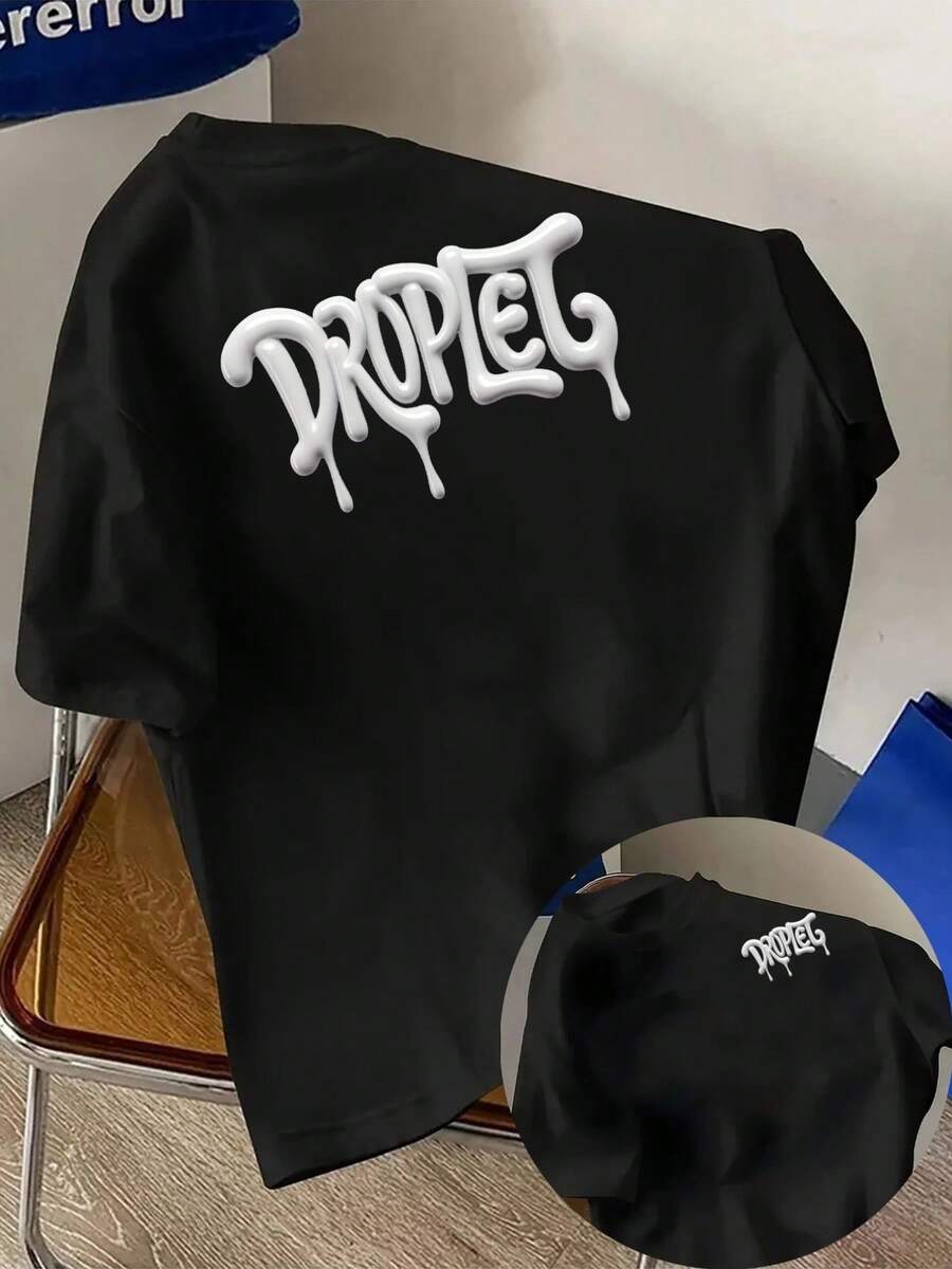 Camiseta de hombre, DROPLET, con estampado de gotas de líquido en la parte delantera y trasera, una camiseta de manga corta moderna y a, adecuada para uso casual diario y actividades - Negro - Ver 1