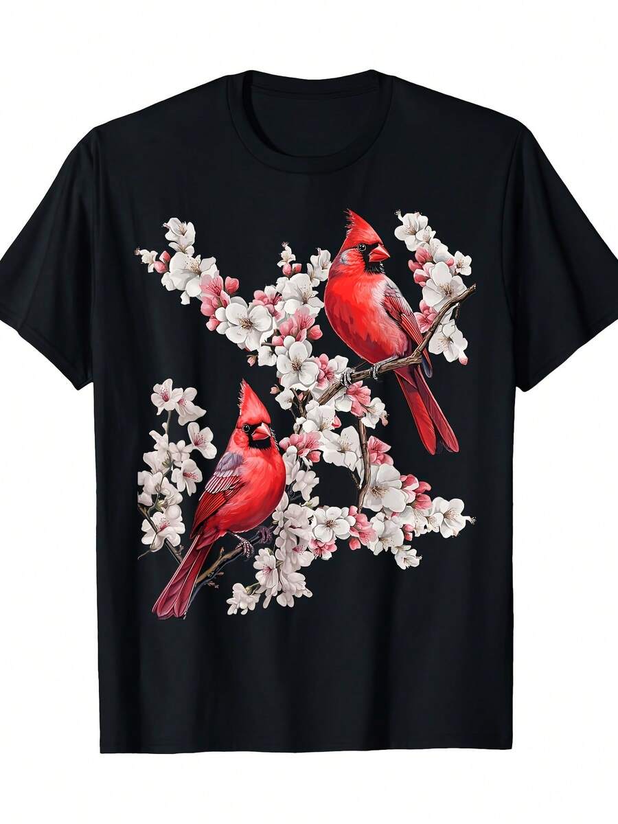 Camisetas unisex, talla S&'sNegroRojoCardenalPájarosInviernoEscenaNavidadCamiseta-TranspirableCortoMangaTeeconVibranteRetroCerezaFloración&CardenalImprimir,Para todas las estacionesInformalD - Negro - Ver 1
