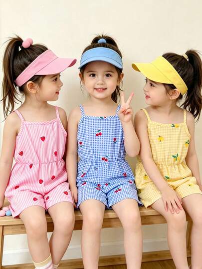 Set 3 potong baju terusan motif buah dan kotak-kotak untuk anak perempuan usia 4-7 tahun, pakaian pantai kasual untuk liburan musim panas dan bermain di luar ruangan.