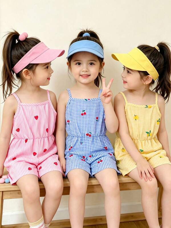 4-7 Years Girls 3pcs/Set Fruit & Plaid Print Romper, Casual Beachwear Outfit For Summer Vacation & Outdoor Play
