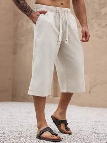Men's Solid Color Minimalist Linen Capri Pants, Suitable For Beach, Vacation, Beach Party Style - Beige - View 7