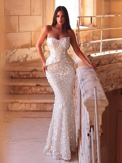 Elegant Women's Sleeveless Strapless Sequin Flared Mermaid Long Dress, Perfect For Evening Parties, Events, Gatherings And Celebrations