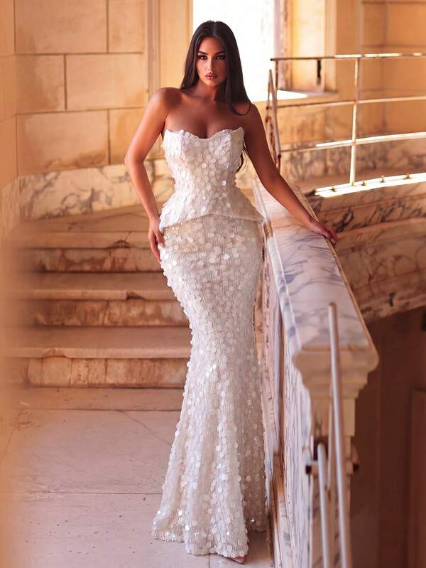 Elegant Women's Sleeveless Strapless Sequin Flared Mermaid Long Dress, Perfect For Evening Parties, Events, Gatherings And Celebrations