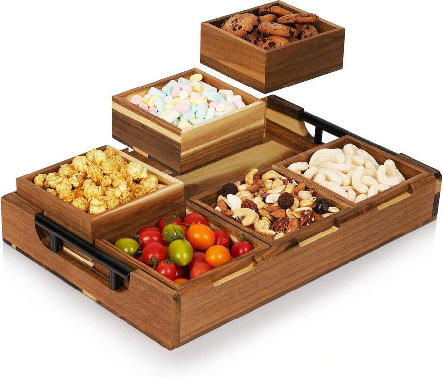6 Piece Acacia Wood Modular Serving Tray Set With Handles Rectangular Charcuterie Board For Appetizers Snacks And Party Hosting Rustic Home Decor - View 1