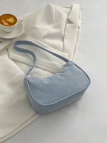 Minimalist Light Gray Corduroy Hobo Underarm Bag, Single Handle Handbag For Women, Soft Accessory For Casual And Office Look - Pastel - View 1