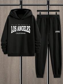 Youth Boy Letter Print Warm Hoodie And Pants Set - Black - View 2