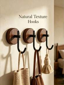 1/2/4-Piece Walnut Wood Door Hooks, Bathroom Towel Racks, Creative Coat Hooks (With Adhesive Backing, No Drilling Required) Home Decor Hooks, Solid Wood (Note: Only Suitable For Everyday Bathroom Items; Do Not Hang Heavy Objects, Or They Will Fall). - Multicolor - View 3