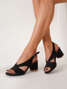 Women Faux Suede Chunky Heeled Slingback Sandals, Elegant Summer Heeled Sandals,Block Heels - Black - View 5