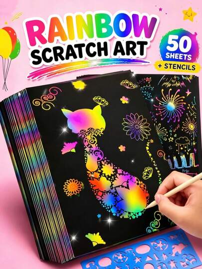 50 piezas de juguetes de papel para raspar mágico con 5 palitos de bambú, adecuados para regalos de Halloween y Navidad, rellenos suaves para fiestas, set de arte de raspar arcoíris, útiles escolares, regalos de fiesta de cumpleaños y vacaciones, exquisito y único - colores y estilos de plantilla presentados al azar