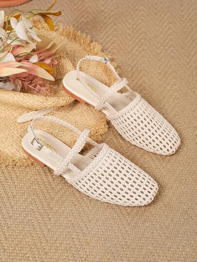 2026 New Vacation Style Bohemian Hollow Artificial Woven Breathable Cross Strap Metal Buckle Mule Women's Shoes, Casual Western Wedding Style Hollow Flat Soft Bottom Plus Size Women's Shoes, Flat Casual Comfortable Elegant Elastic Band Perforated Shoes, Lightweight, Breathable, Suitable For Daily Casual, Shopping, Office, Beach, Ballet And Other Occasions