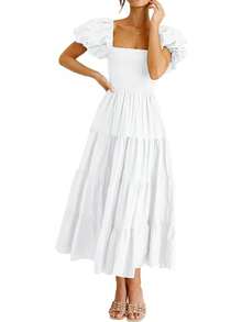COLIZAMX Vestido Largo para Mujer Dress Casual con Cuello Cuadrado de Manga Corta para Playa Trabajo Fiesta - Blanco - Ver 1