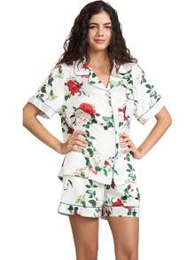 YiNi LuLu - Conjunto de pijama de satén de seda para mujer, 2 piezas, pijama de manga corta, de gran tamaño, con bolsillos - Vida pastoral - Ver 17