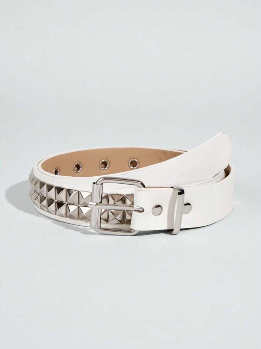 1pc Punk Style Metal Western PU Leather Belt For Women Suitable For Daily Wear And Party - White - View 1