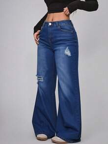 Jeans Rectos de Mezclilla Azul  Lavado con Roturas - Azul lavado medio - Ver 3