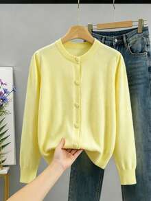 GIGOGOU 大尺碼 1XL-4XL 秋冬基礎款女式針織開襟衫，柔軟舒適休閒長袖毛衣上衣，秋季外套 - 黃色 - 查看 1
