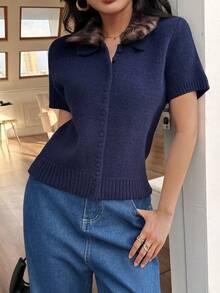 DEEKA Cardigan Rajut Kerah Motif Hewan Gaya Eropa dan Amerika Terbaru untuk Wanita Musim Gugur/Dingin Musim Panas - Angkatan laut - View 2