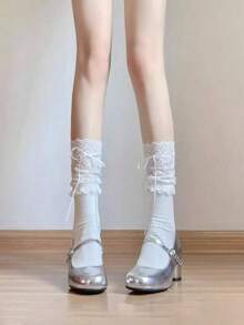 Women's White Lace Ruffle Drawstring Bow Calf Socks, Soft Skin-Friendly, Ballet Lolita JK Style Slouch Socks, Can Be Paired With Mary Jane Shoes - Multicolor - View 6