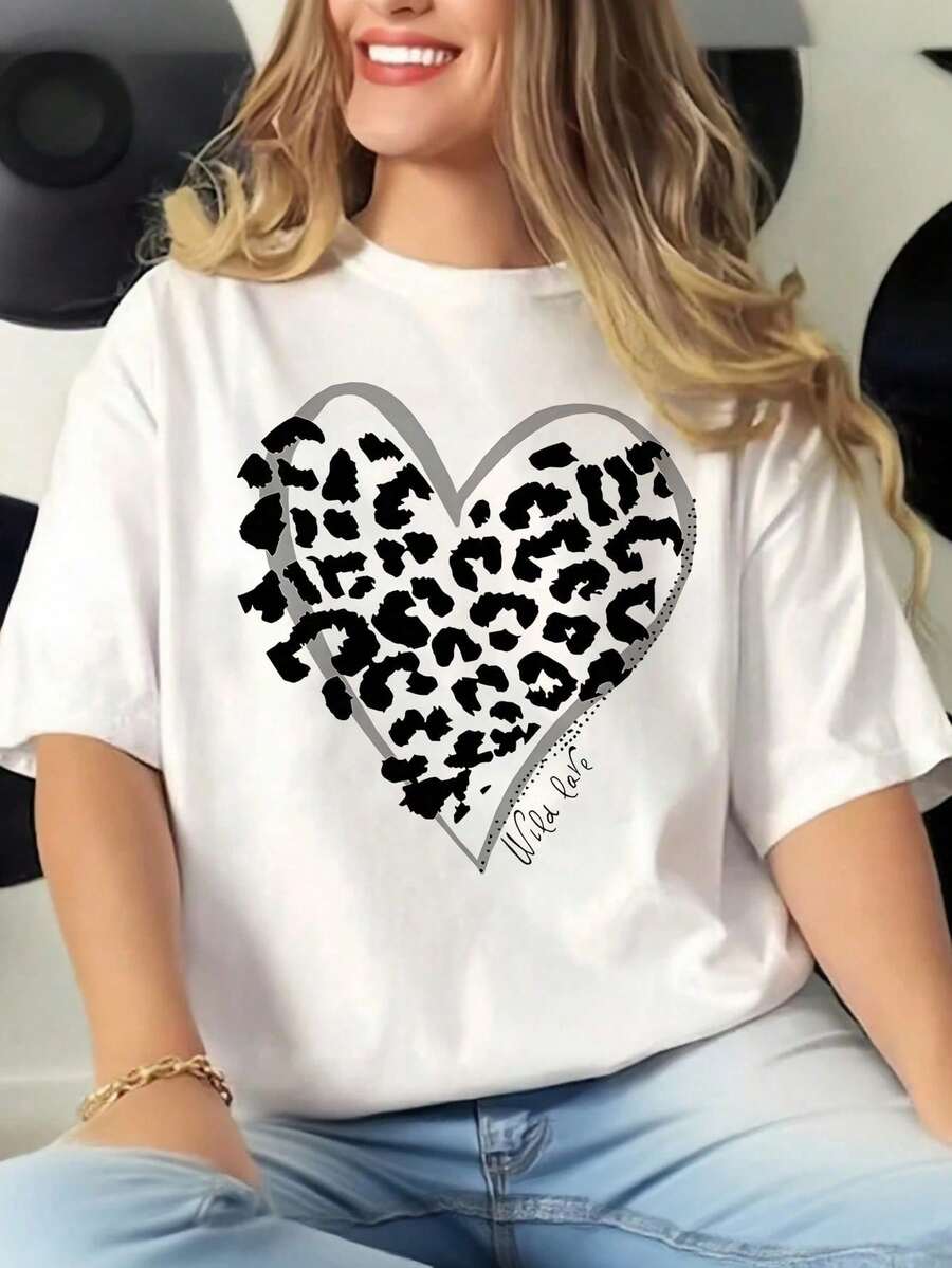 Women's Cotton T-Shirt With Round Neck And Heart Print, Women's Sportswear, Casual Women's Sportswear For Running, Walking, Outdoors, Comfortable, Lightweight, Soft Summer Blouses For Women - 白色 - 查看 1