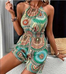Mono de tirantes finos con estampado bohemio para mujer, ropa casual de moda para vacaciones de primavera/verano. - Azul cielo - Ver 2