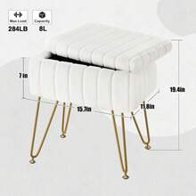 Taburete de piel sintética con almacenamiento, 15.pulgadas de largo x 11.8 pulgadas de ancho x 19.4 pulgadas de alto, otomano suave, 4 patas de metal con pies antideslizantes, asiento - Blanco - Ver 3