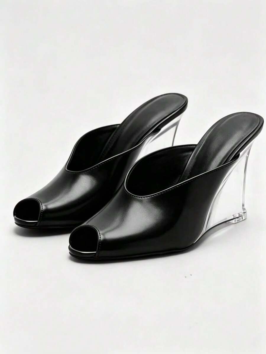 Black Matte Leather Peep-Toe Mule Transparent Crystal Wedge High Heel Sandals