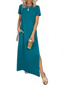 ANRABESS - Vestido largo casual de verano para mujer, manga corta, cuello redondo, dividido, sin arrugas, para viajes, playa, día festivo - Verde bosque - Ver 14
