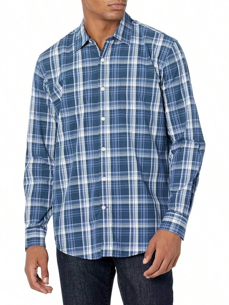 Essentials para hombre ajuste Regular manga larga camisa de cuadros - Azul Francés - Añade 25