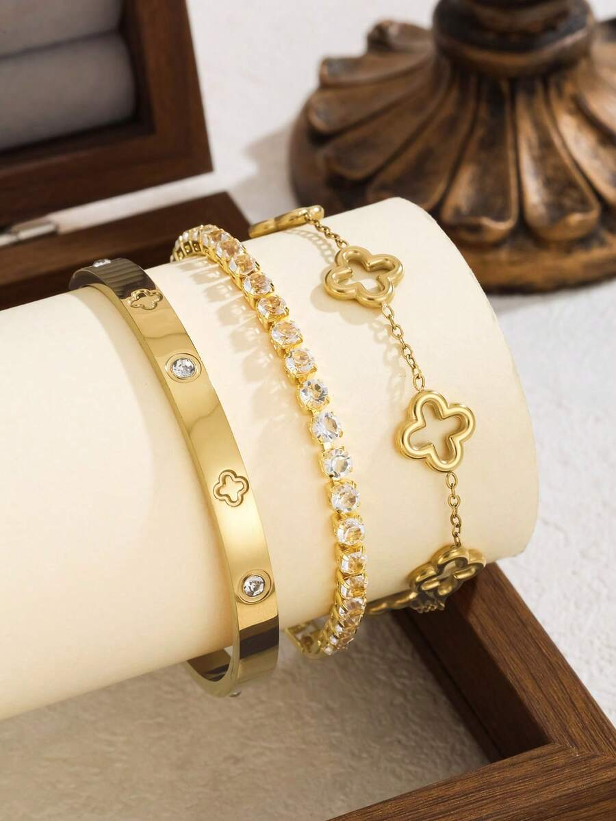 3pcs/1pc Fashionable Stainless Steel Jewelry Set, Clover Design, Suitable For Women's Commute Or Daily Wear, Perfect Gift For Friends - Yellow Gold - View 1