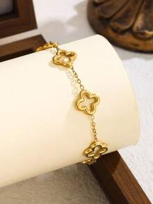 3pcs/1pc Fashionable Stainless Steel Jewelry Set, Clover Design, Suitable For Women's Commute Or Daily Wear, Perfect Gift For Friends - Yellow Gold - View 4