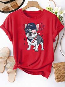 Talla unisex. Camiseta Casual de Manga Corta para Mujer Talla Grande con Estampado de Perro Patriótico con Gorra y Bandera de EE. UU., Tela Suave y Elástica, Comodidad para Todas las Tempora - Rojo - Ver 1