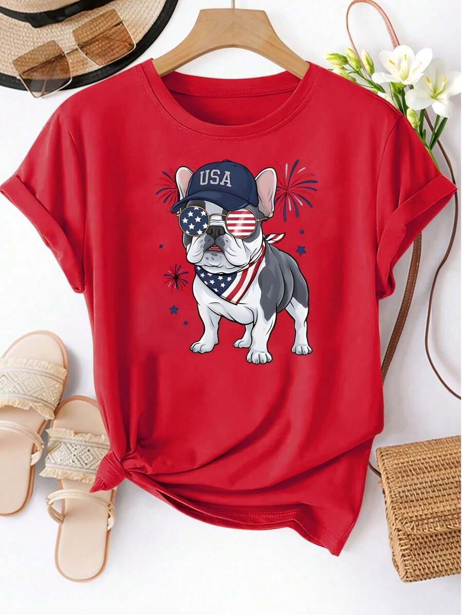 Talla unisex. Camiseta Casual de Manga Corta para Mujer Talla Grande con Estampado de Perro Patriótico con Gorra y Bandera de EE. UU., Tela Suave y Elástica, Comodidad para Todas las Tempora - Rojo - Ver 1