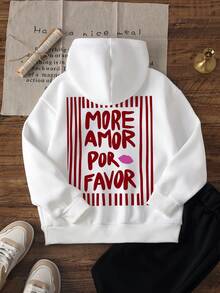 1pc Tween Girl Hooded Sweatshirt With Spanish Text Print Front And Back, Red And White Vertical Stripes, MORE AMOR Red Lips Graphic, Loose Fit Pullover Sweatshirt, Gentle Casual Everyday Wear - White - View 2