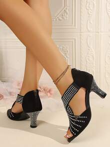 Women's Open Toe Hollow Back Zipper Diamond Decor Non-Slip Sole Sandals Fashion Style Summer Suede Strap High Heel Sandals Suitable For Holidays Daily Commute Evening Party - Black - View 4