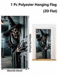 1pc Halloween Door Cover, Witch Pattern Bedroom Door Decor, Halloween Backdrop, Halloween Party Supplies, Halloween Hanging Banner, Scary Halloween Photography Props, Haunted House Decor, Trick Or Treat Decor, Halloween Gifts, Party Gifts, Photo Studio Props, Halloween Home Decor, Room Decor, Outdoor Garden Supplies, Yard Decor, Christmas Decor, 2027 New Year Party Decor, New Year Gifts, Winter Decor - Skeleton Witch - View 5