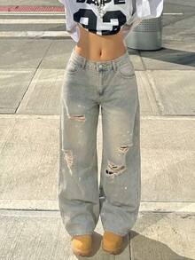 Casual Vintage Distressed Loose Straight Leg Jeans Spring - 懷舊 - 查看 5
