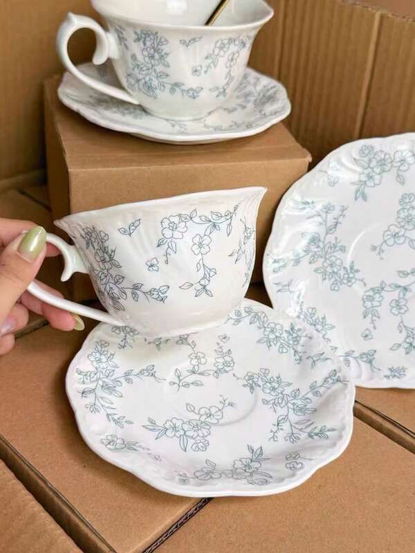 Juego de taza de café y platillo de cerámica estilo francés, plato para merienda de té de la tarde, plato de postre, taza para arte latte, taza de té con flores, elegante juego de taza de café y platillo para uso diario, taza de leche para desayuno y plato para pan, perfecto como regalo para mayores y mejores amigos