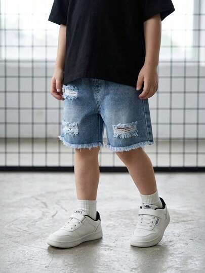 1pc Boys Outdoor Casual Loose Stylish Cool Comfortable Vintage Streetwear Distressed Frayed Tassel Elastic Waist Blue Denim Shorts