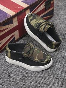 1 Pair All-Season Campus Slip-On Kids' Camouflage Patchwork Breathable Canvas Loafers With Elastic Lace-Free Design, Non-Slip Soft Sole, Lightweight Flat Casual Sports Shoes For School - Black - View 6