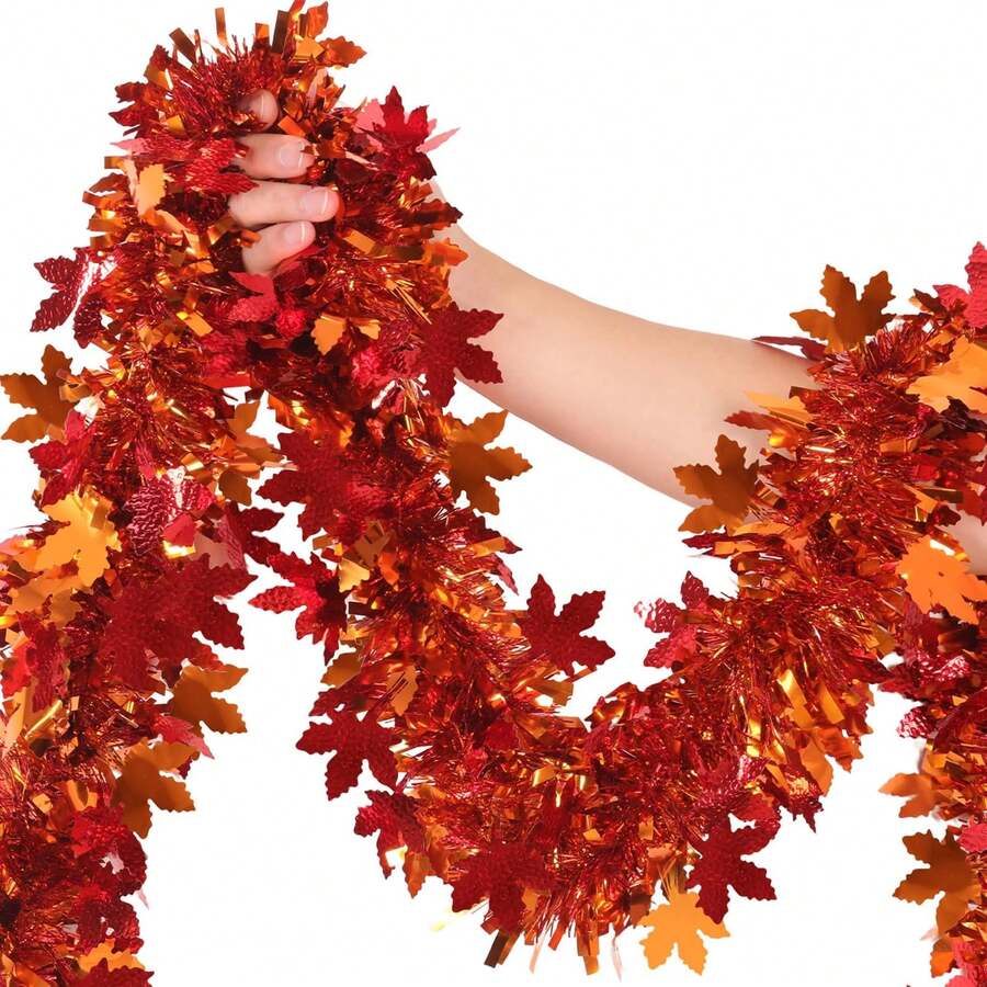 1/3pcs 78 Inch Glitter Tassel Autumn Maple Leaf Garland, Autumn Decoration, Christmas Indoor Decoration, Room Decoration, Indoor/Outdoor Fireplace Tree Ornament, Suitable For Thanksgiving, Halloween Party, Home Bedroom Decoration - Red - View 1
